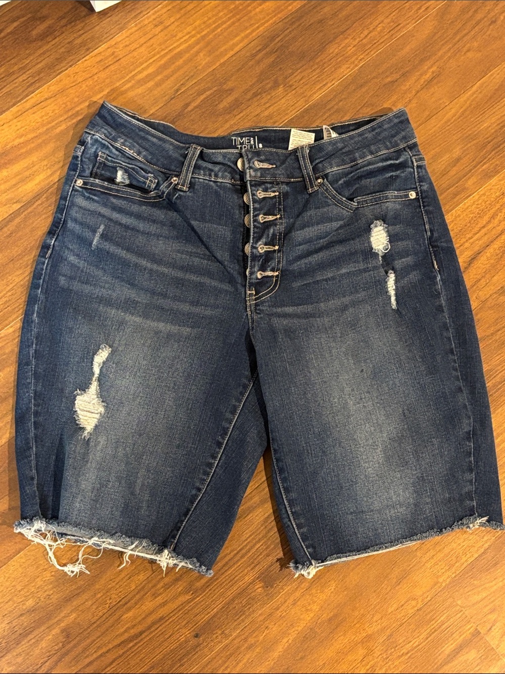 Time and Tru Dark Blue Distressed Denim Bermuda Shorts